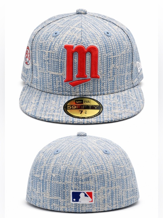 New Era Other - New Era Blue/White Textured Denim Fitted Cap with Red 'm' Logo size 7 3/8